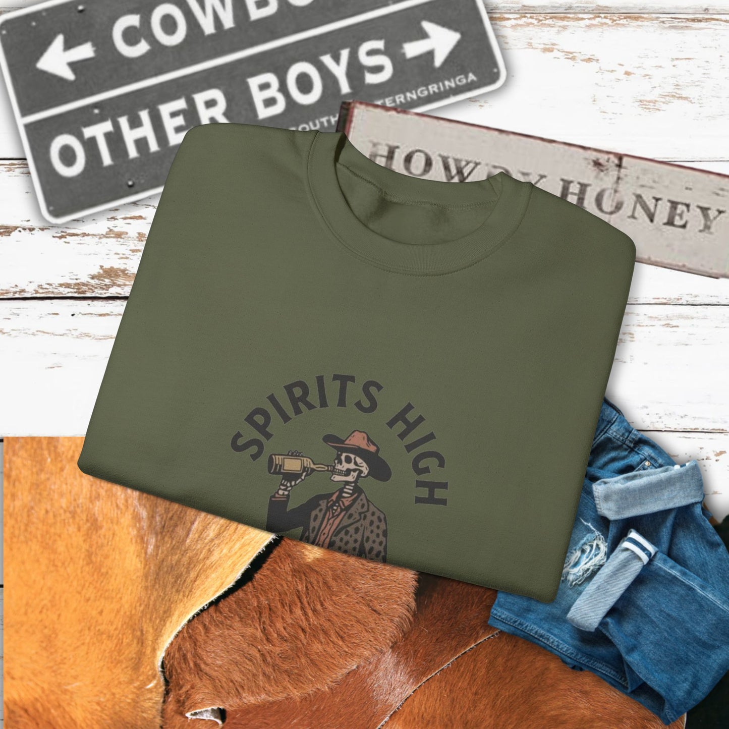 Spirits High Cowboy Skeleton Crewneck