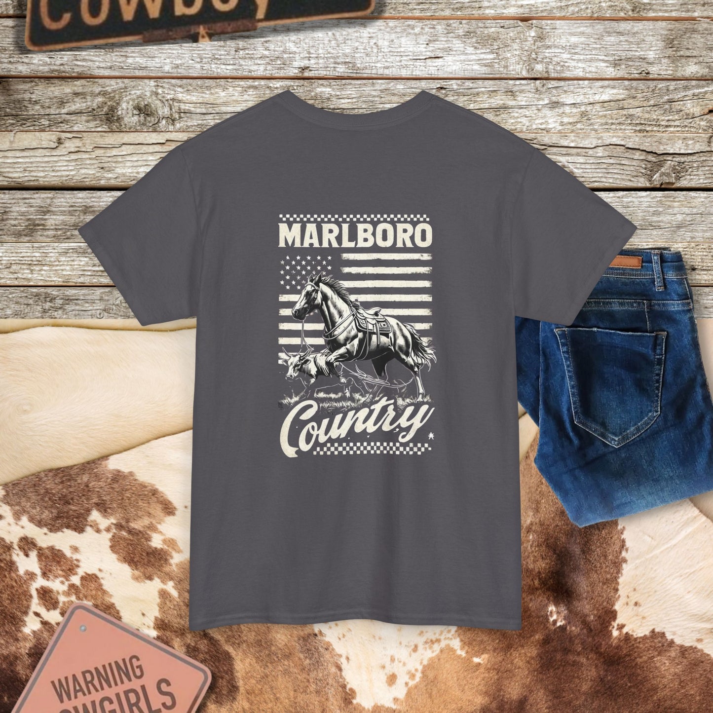 Vintage Marlboro Country Unisex Heavy Cotton Tee - Cowboy Style Graphic T-Shirt