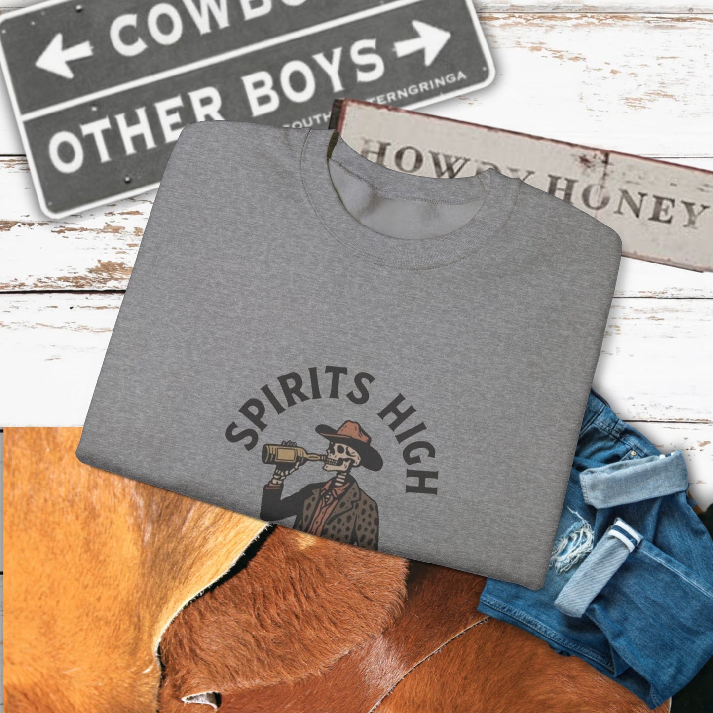 Spirits High Cowboy Skeleton Crewneck